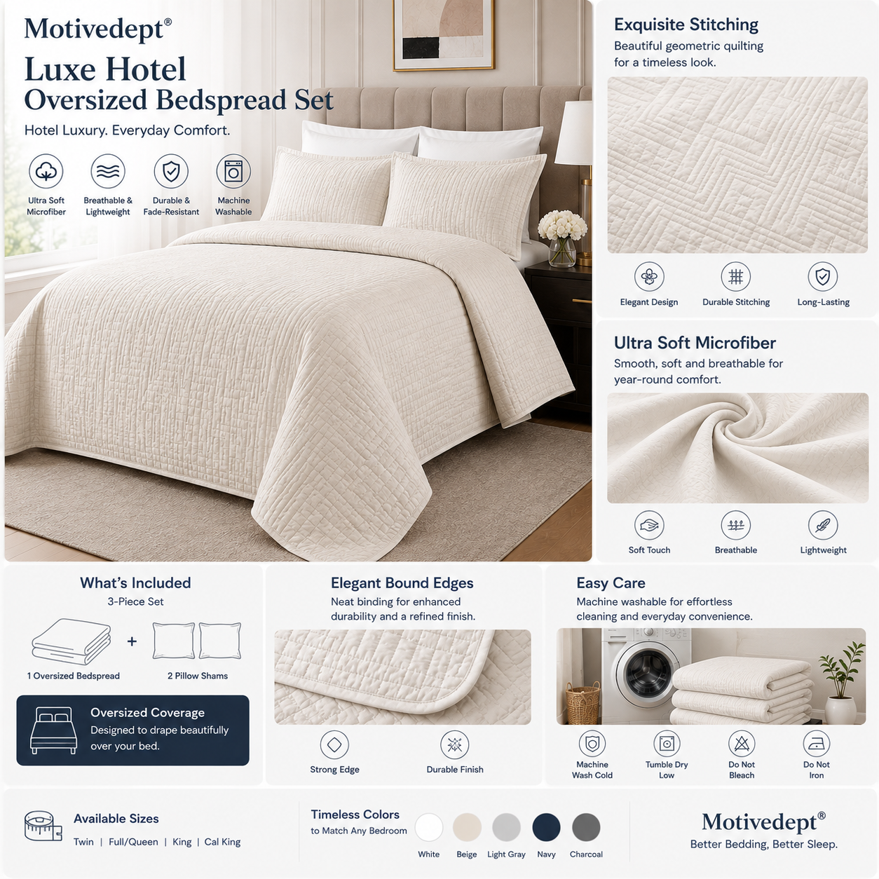 Motivedept® Luxe Hotel Oversized Bedspread Set