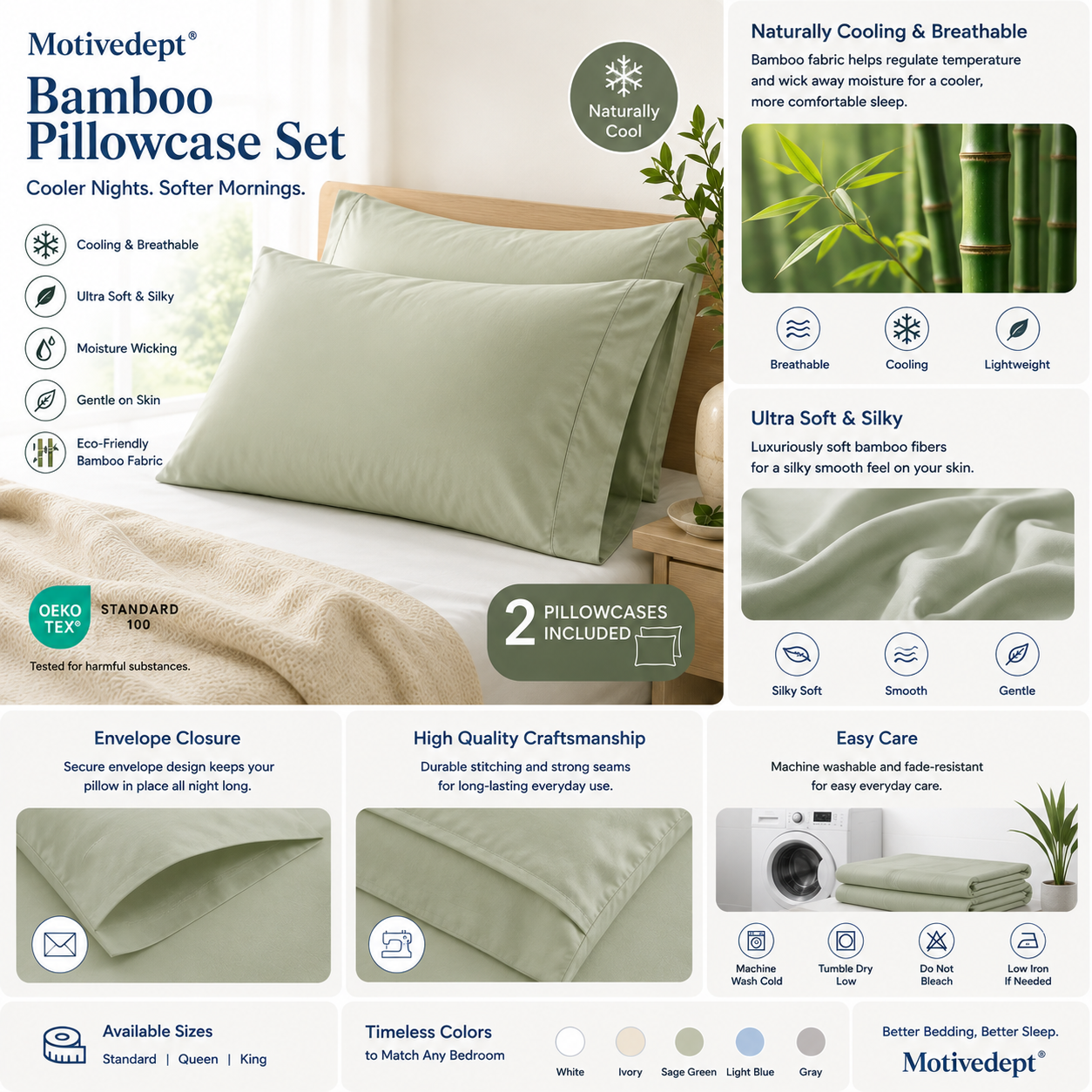 Motivedept® Bamboo Pillowcase Set