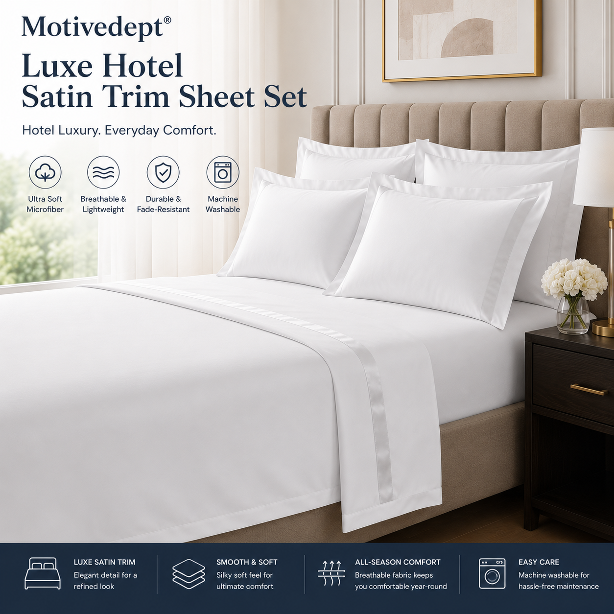 Motivedept® Luxe Hotel Satin Trim Sheet Set