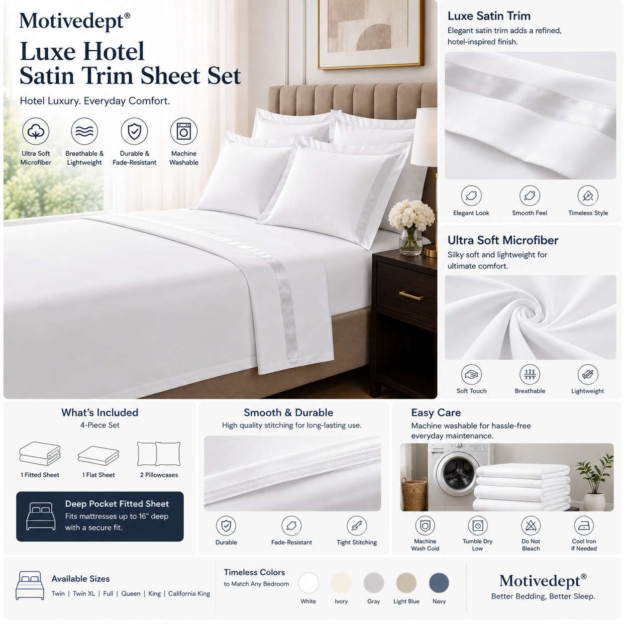 Motivedept® Luxe Hotel Satin Trim Sheet Set