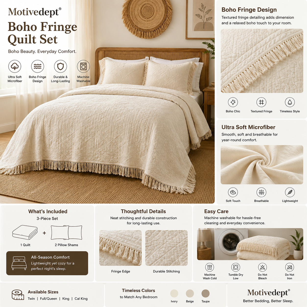 Motivedept® Boho Fringe Quilt Set